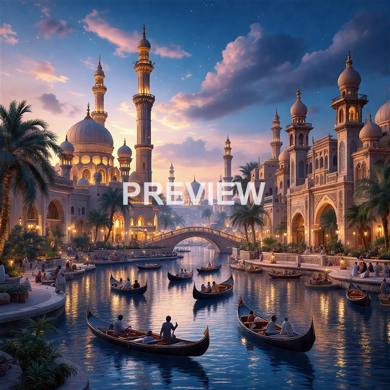 A picturesque cityscape featuring grand Islamic-style architecture with tall minarets, domes, and arched windows along a river with gondolas, set during sunset with lush palm trees and a bridge in the scene.